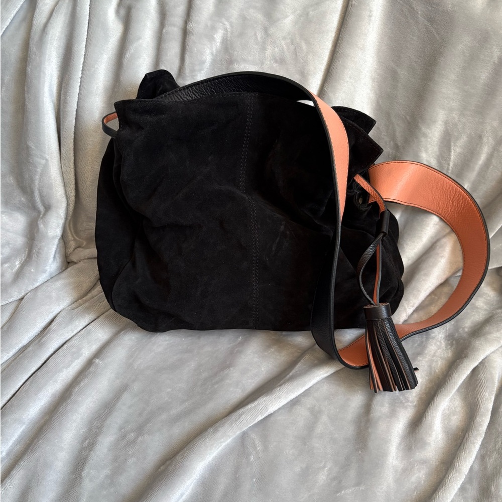 11. Zara Suede Leather Hobo Bag w/Tassel & Contract Orange Strap